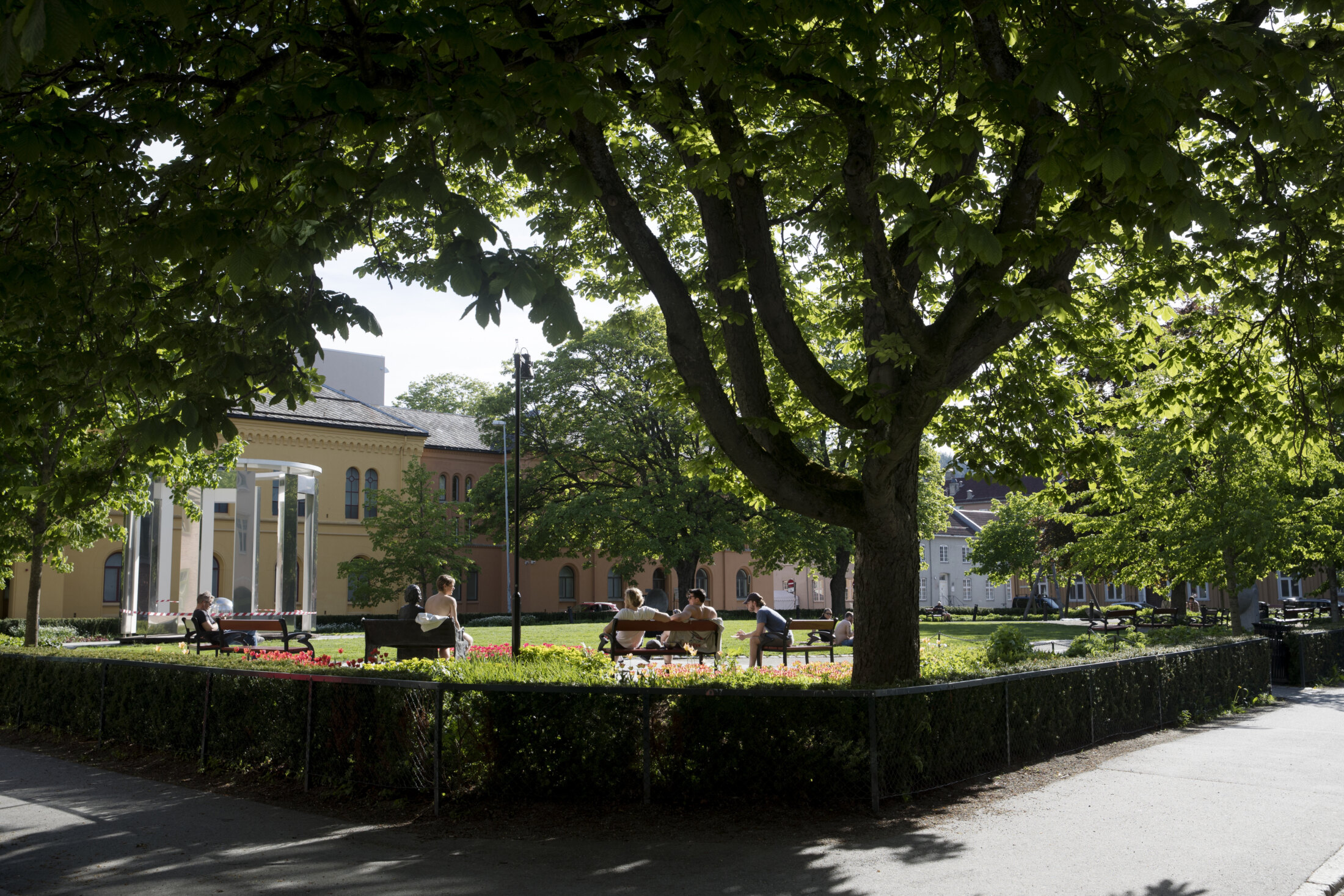 Folk sitter på benker i en grønn park med blomsterbed, foran en historisk bygning på Kalvskinnet