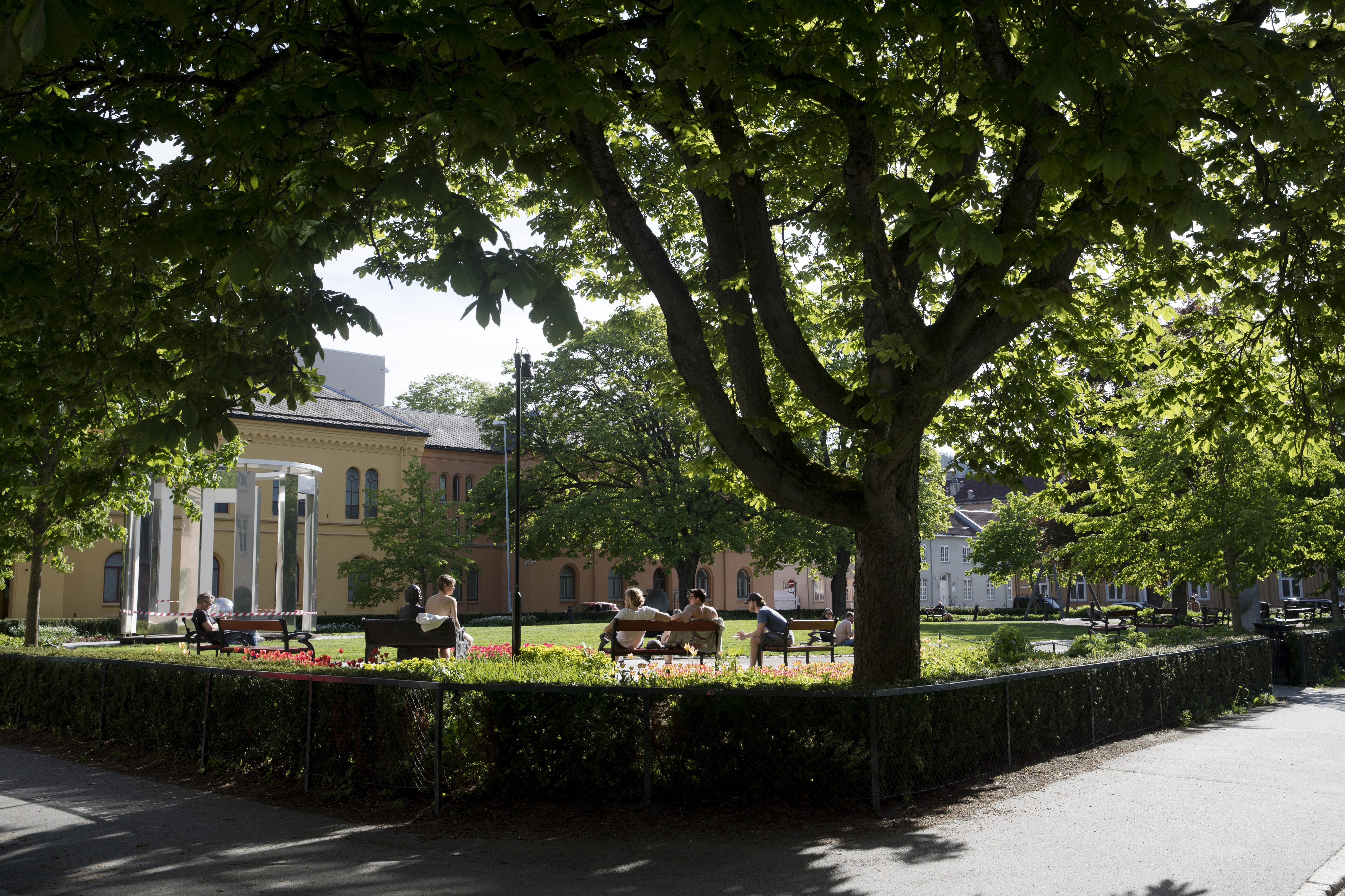 Folk sitter på benker i en grønn park med blomsterbed, foran en historisk bygning på Kalvskinnet